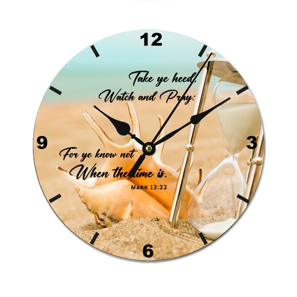 FOR YE KNOW NOT WHEN THE TIME IS Mark 13.33Sea Shell Sand Beach Print Wood Clock