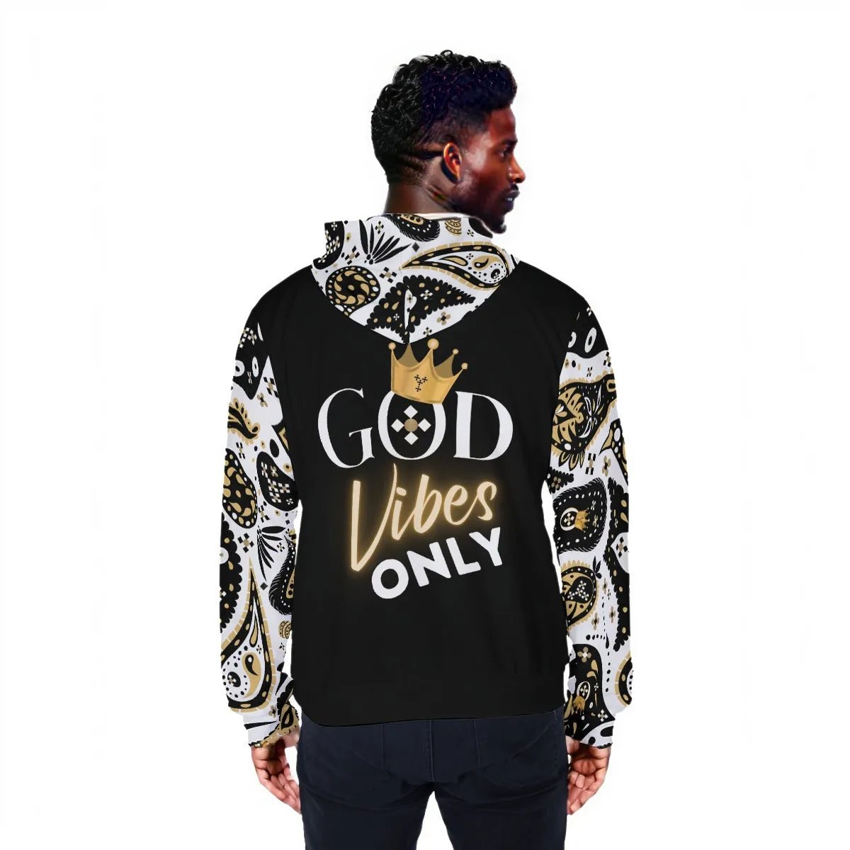 GOD VIBES ONLY Paisley Sleeve Mirco Fleece Zip Up Hoodie - WearYnobe