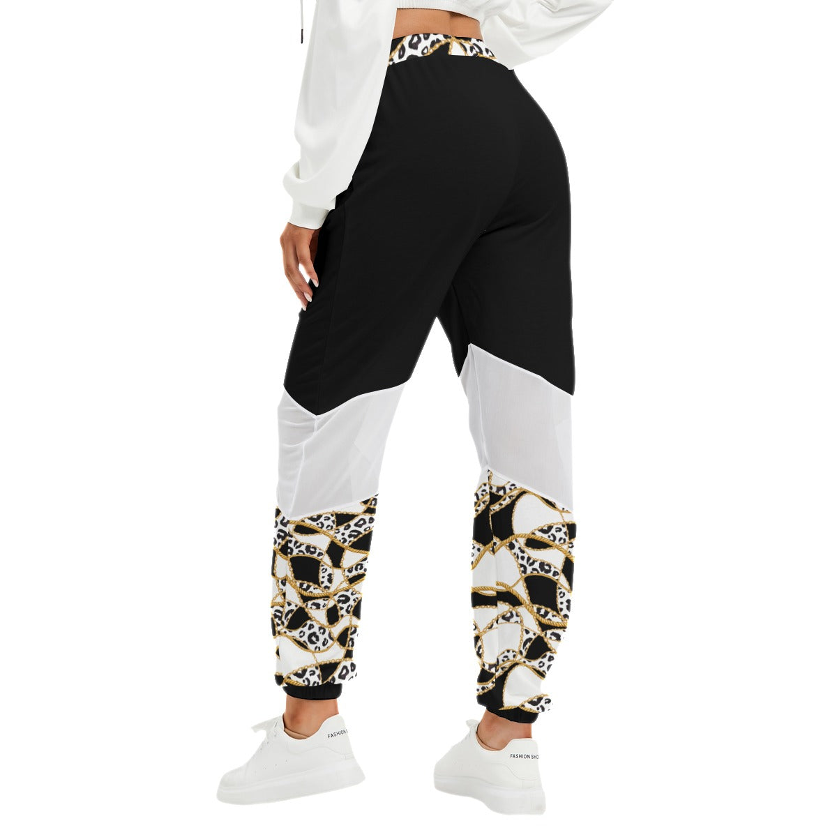 ONE GOD Black and White Leopard Chain Print Mesh Pants