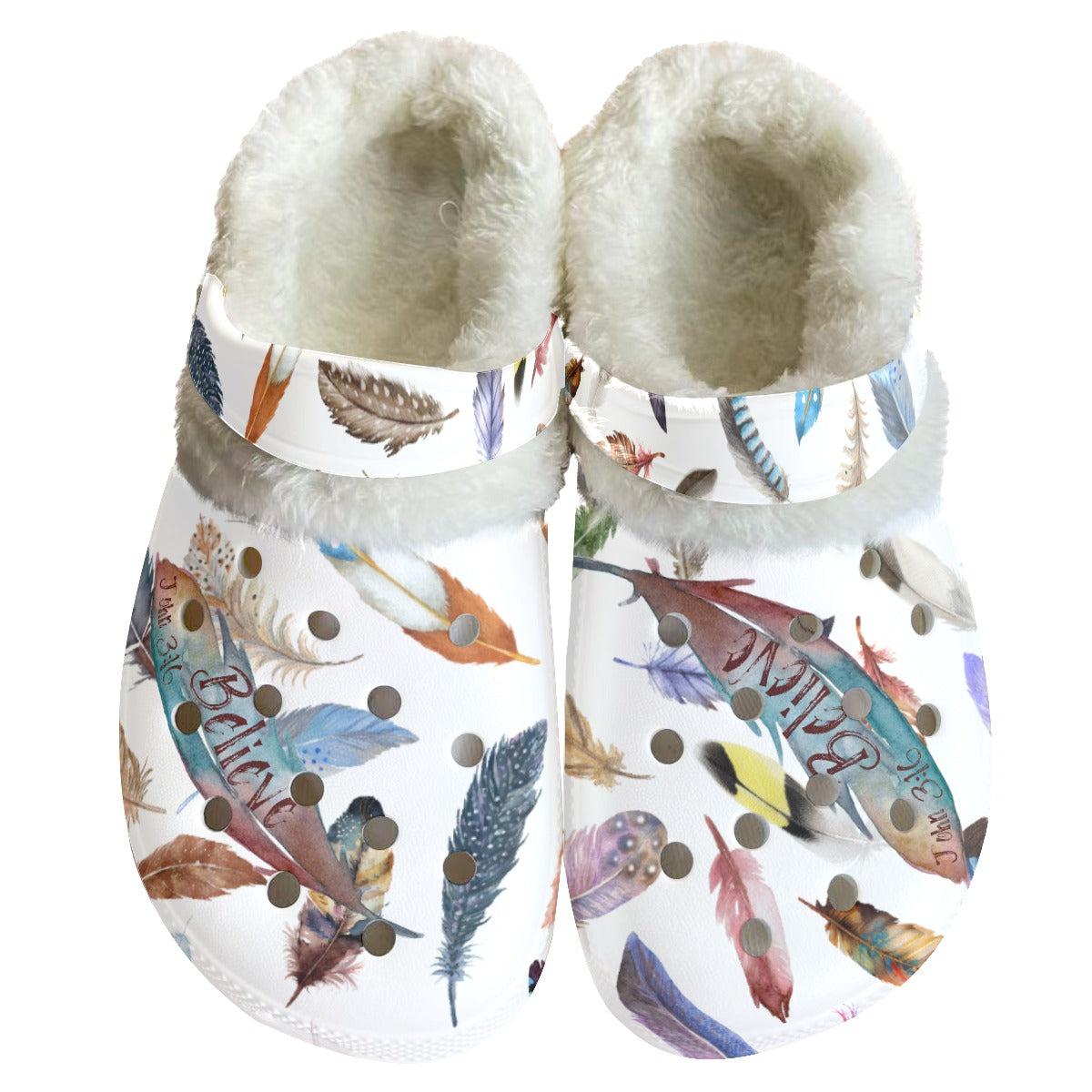 Women's BELIEVE White Feather Print Fleece Clogs