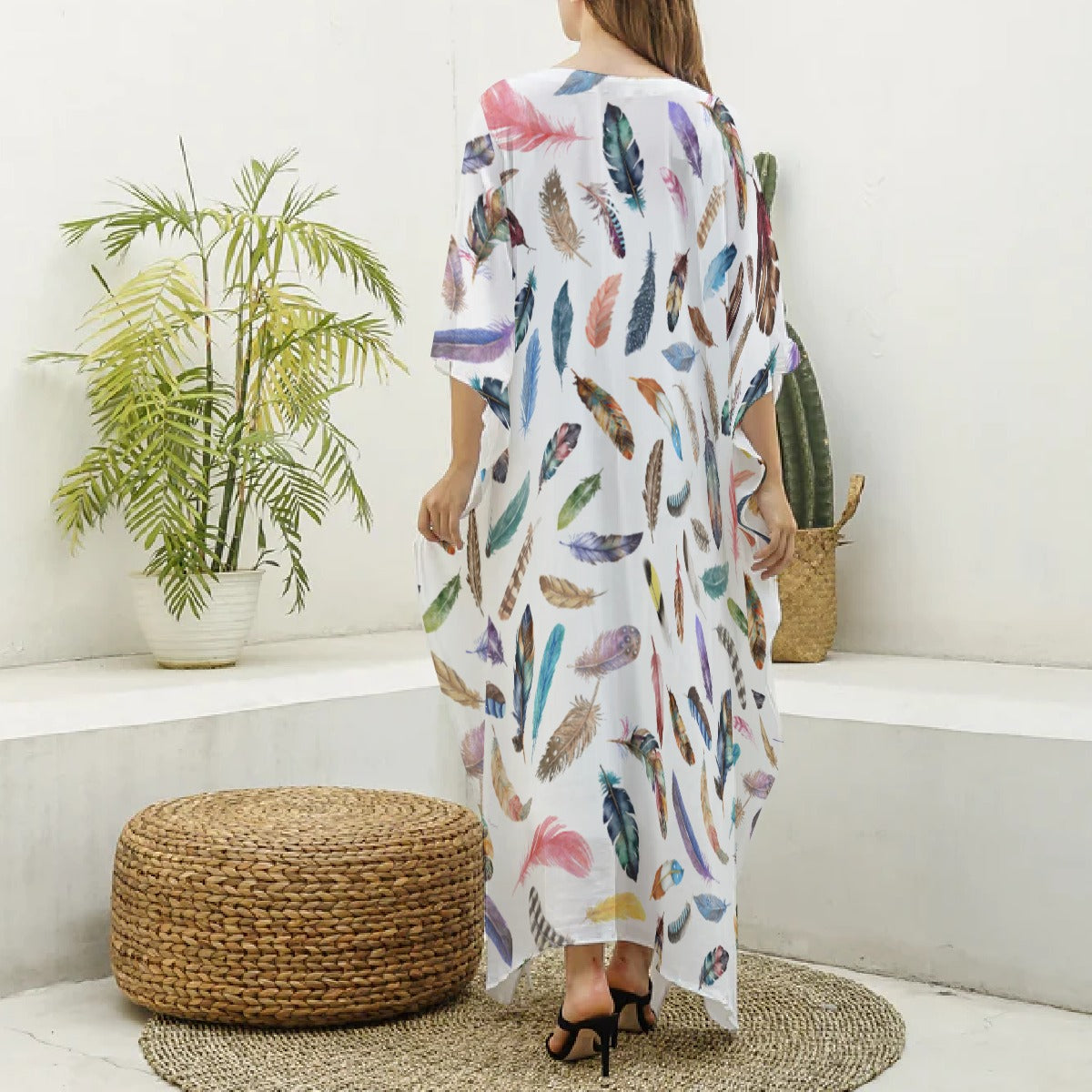 BELIEVE Feather Print Imitation Silk Robe / Long Swimsuit Coverup