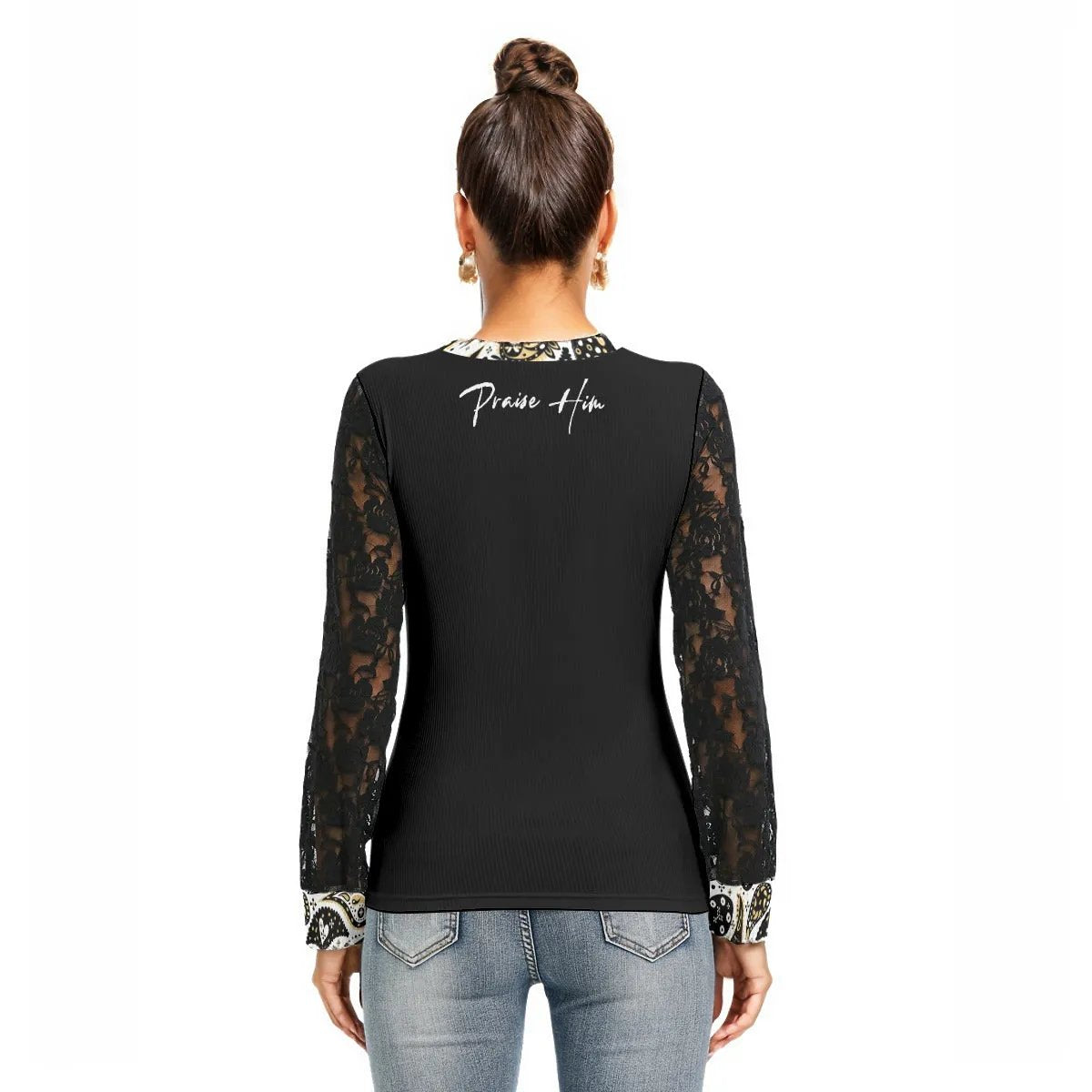 ONE GOD Praise Him Black Lace Sleeve Paisley Collar Shirt