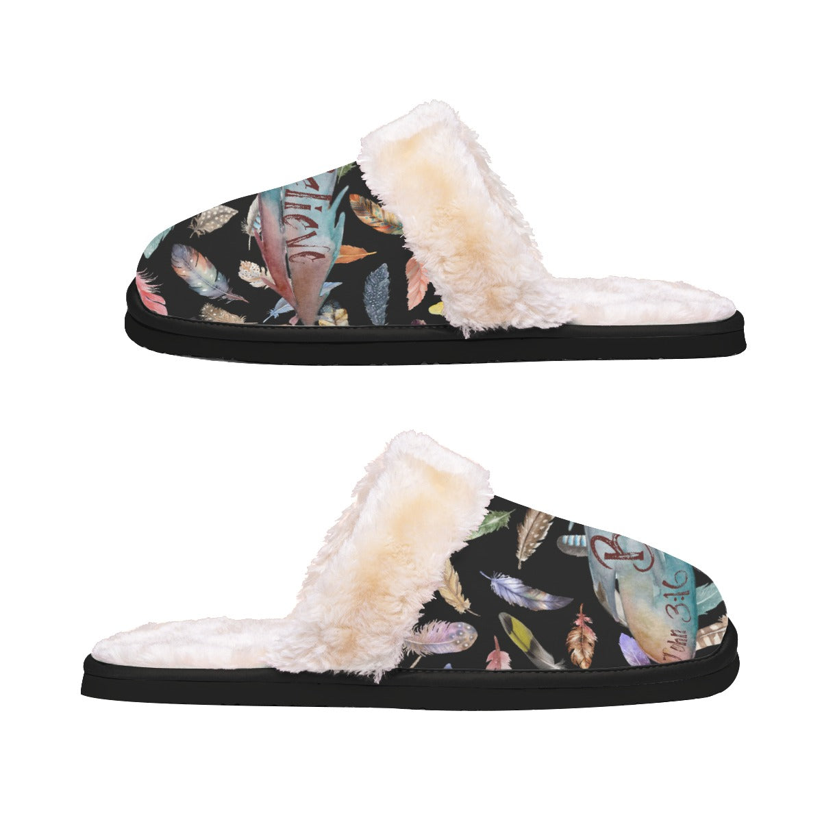 BELIEVE Feather Print Plush Slippers