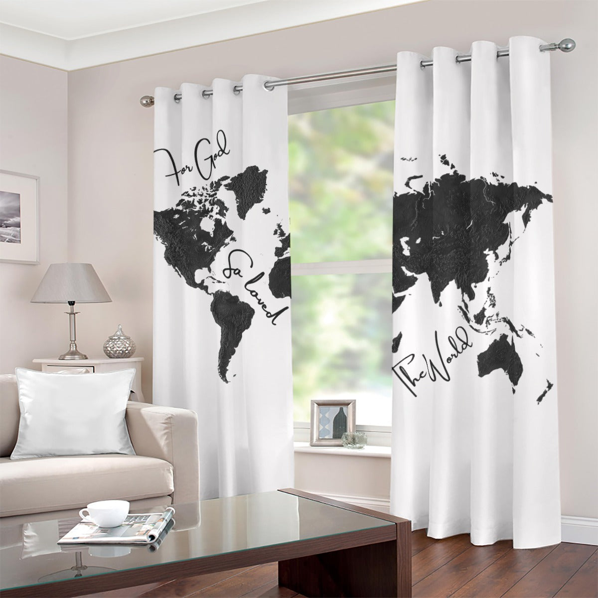 FOR GOD SO LOVED THE WORLD Map Print Grommet Curtains