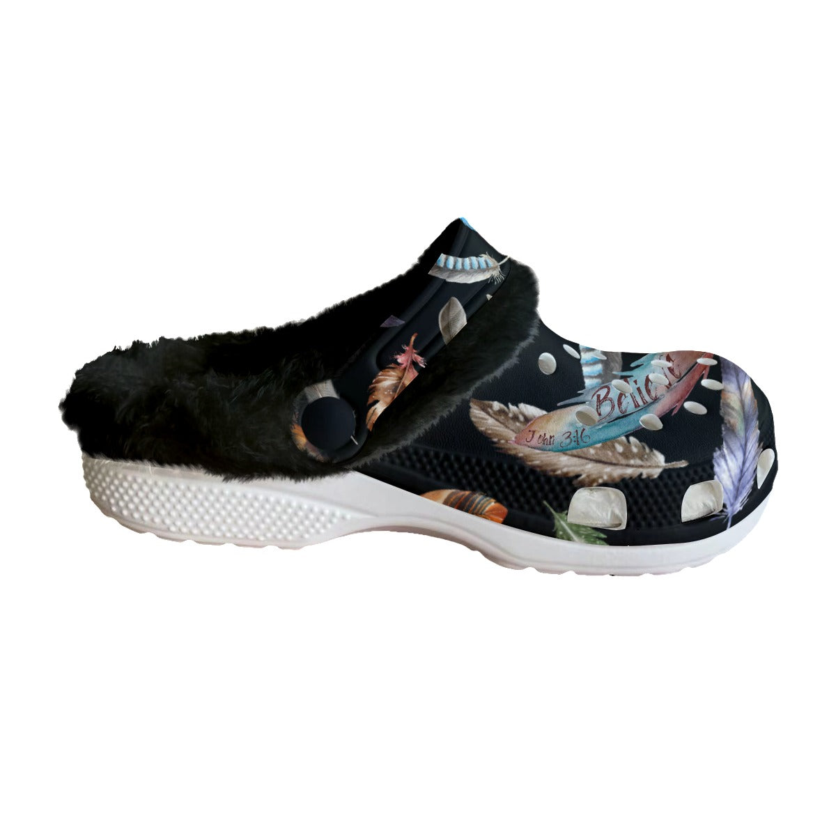 Women's BELIEVE Black Feather Fleece Clogs