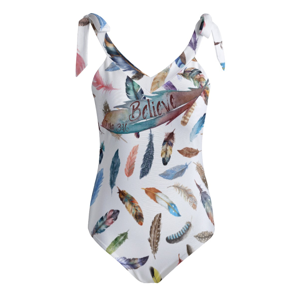 BELIEVE John 3:16 White Feather Print Tie Shoulder One-Piece Padded Swimsuit