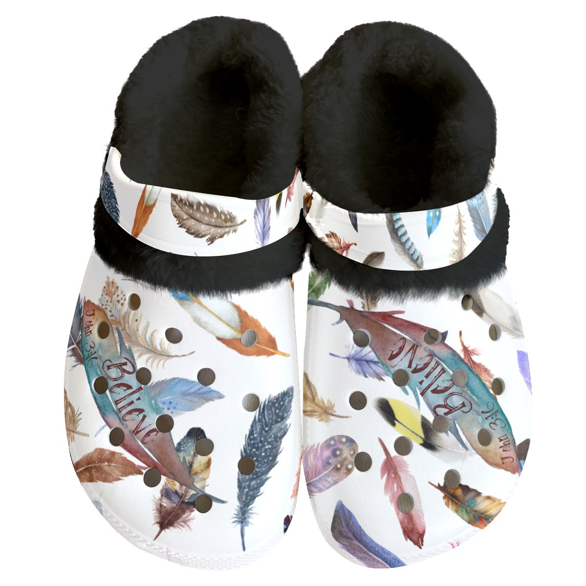 Women's BELIEVE White Feather Print Fleece Clogs