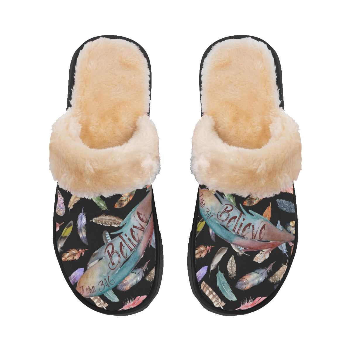 BELIEVE Feather Print Plush Slippers