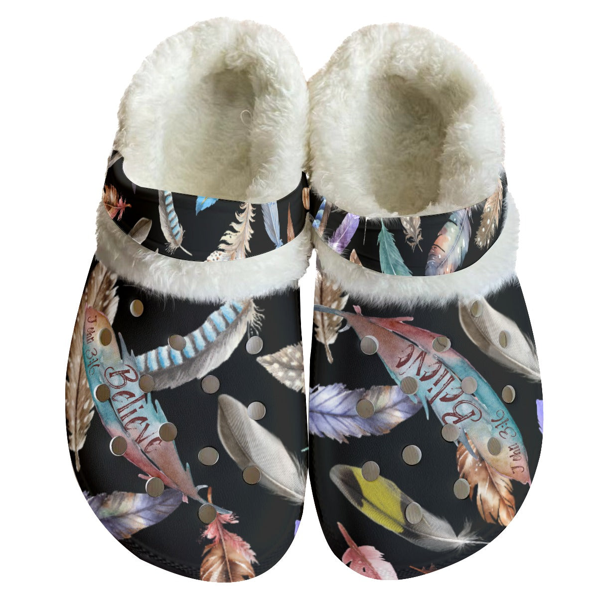 Women's BELIEVE Black Feather Fleece Clogs