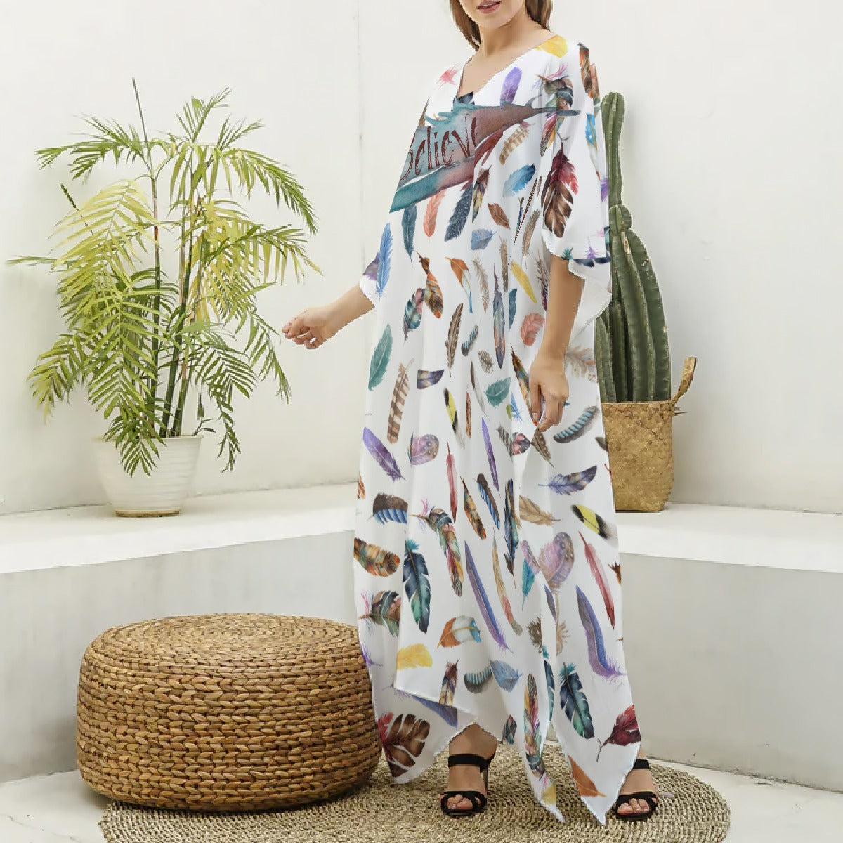 BELIEVE Feather Print Imitation Silk Robe / Long Swimsuit Coverup