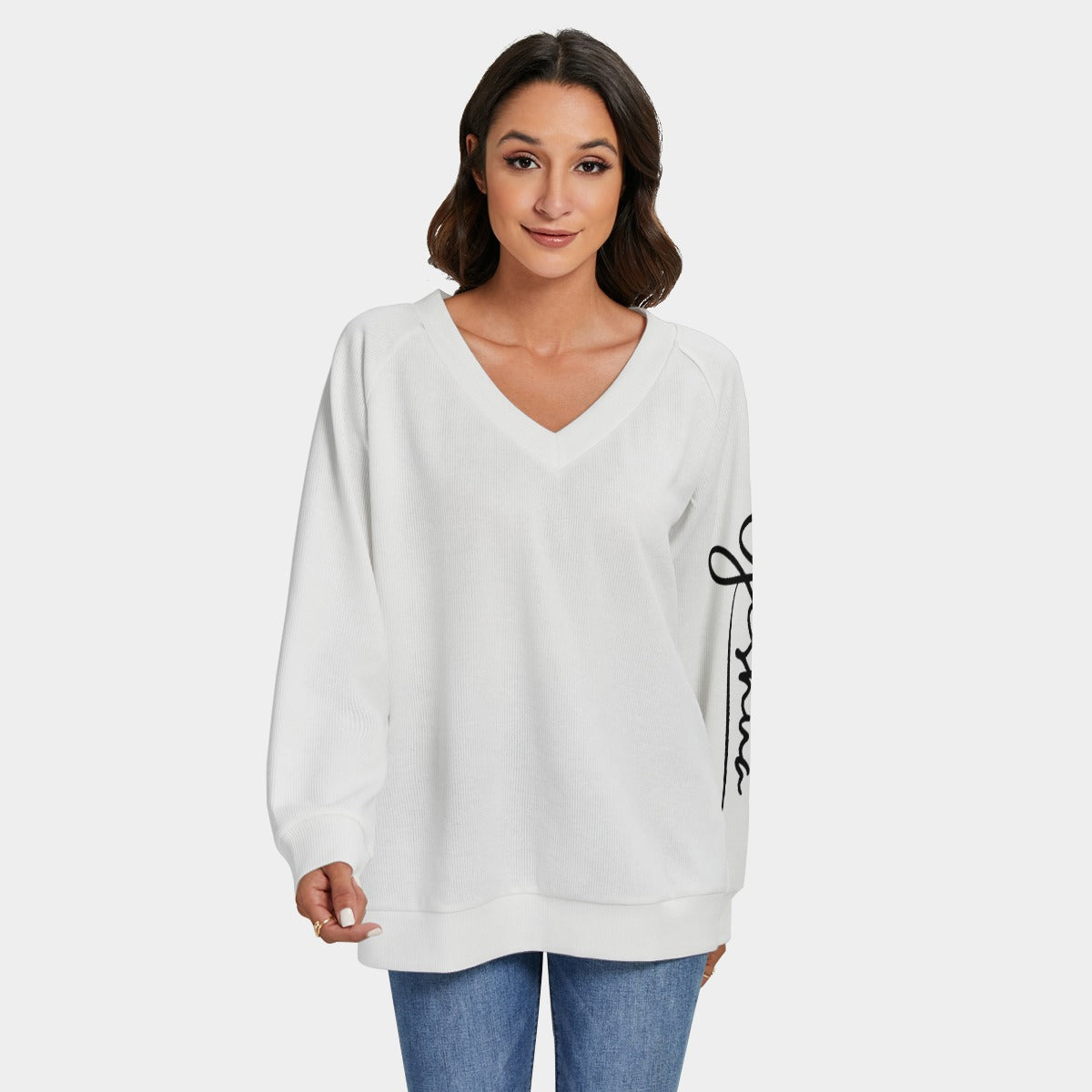 YESHUA White Long Sleeve V Neck Knitted Sweater