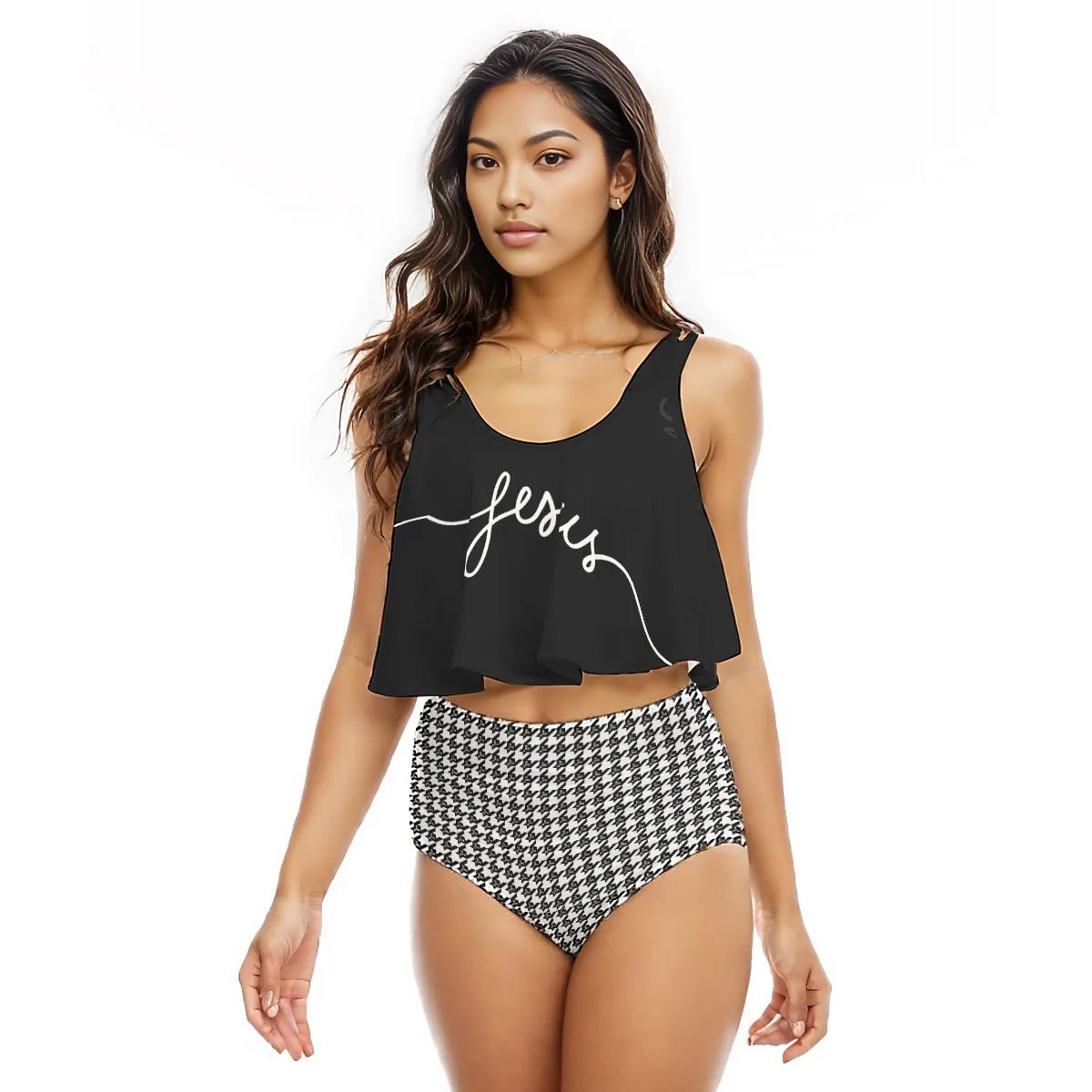 JESUS Houndstooth Ruffled Vest Bikini Swimsuit