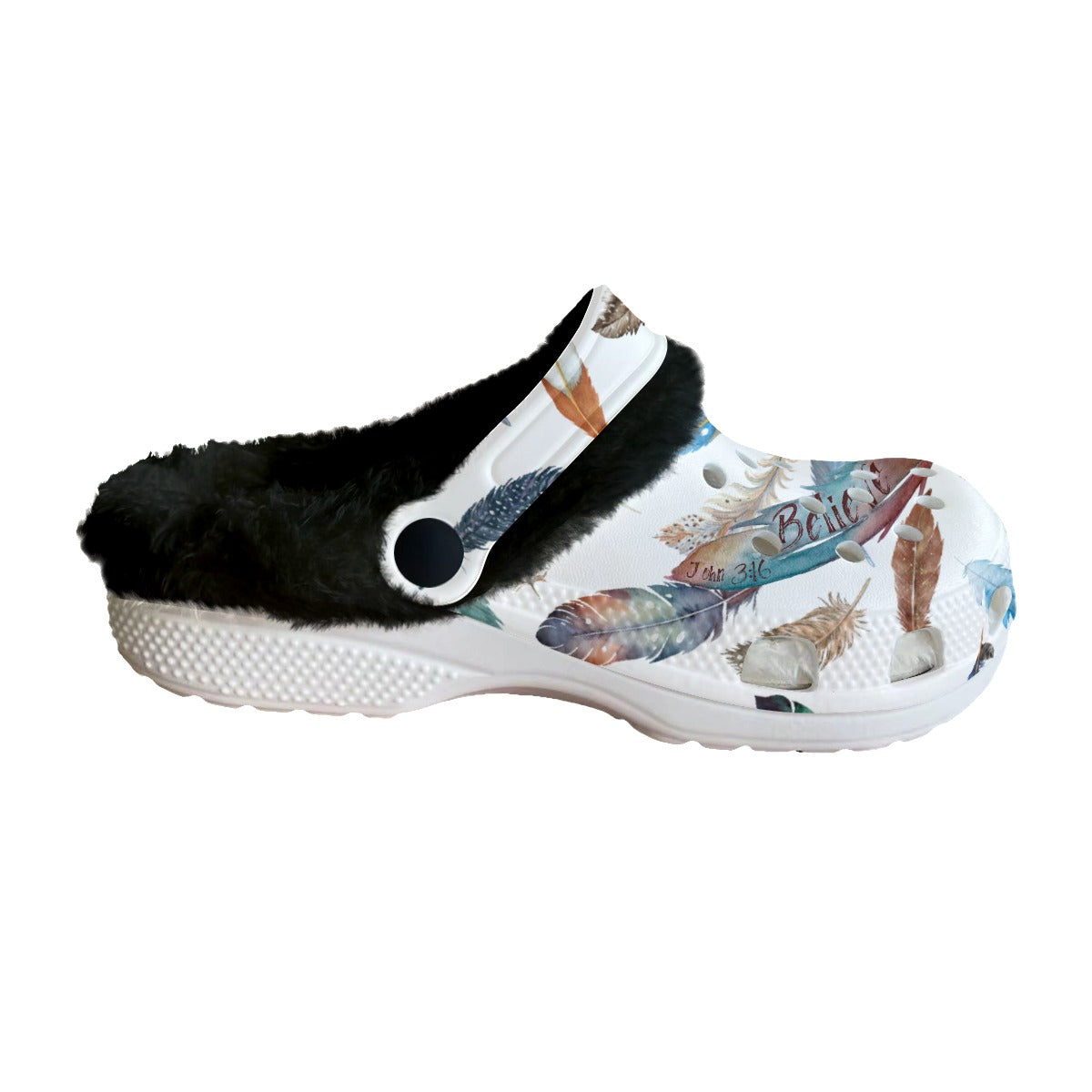 Women's BELIEVE White Feather Print Fleece Clogs