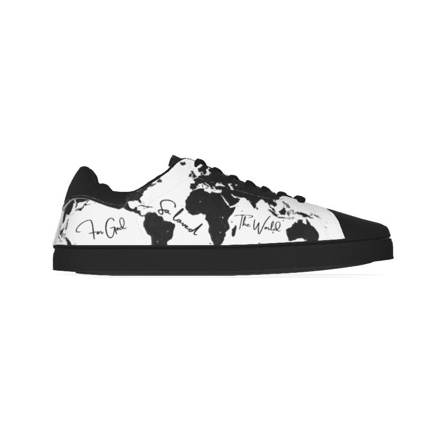 FOR GOD SO LOVED THE WORLD Map Print Men's Leather Sneakers