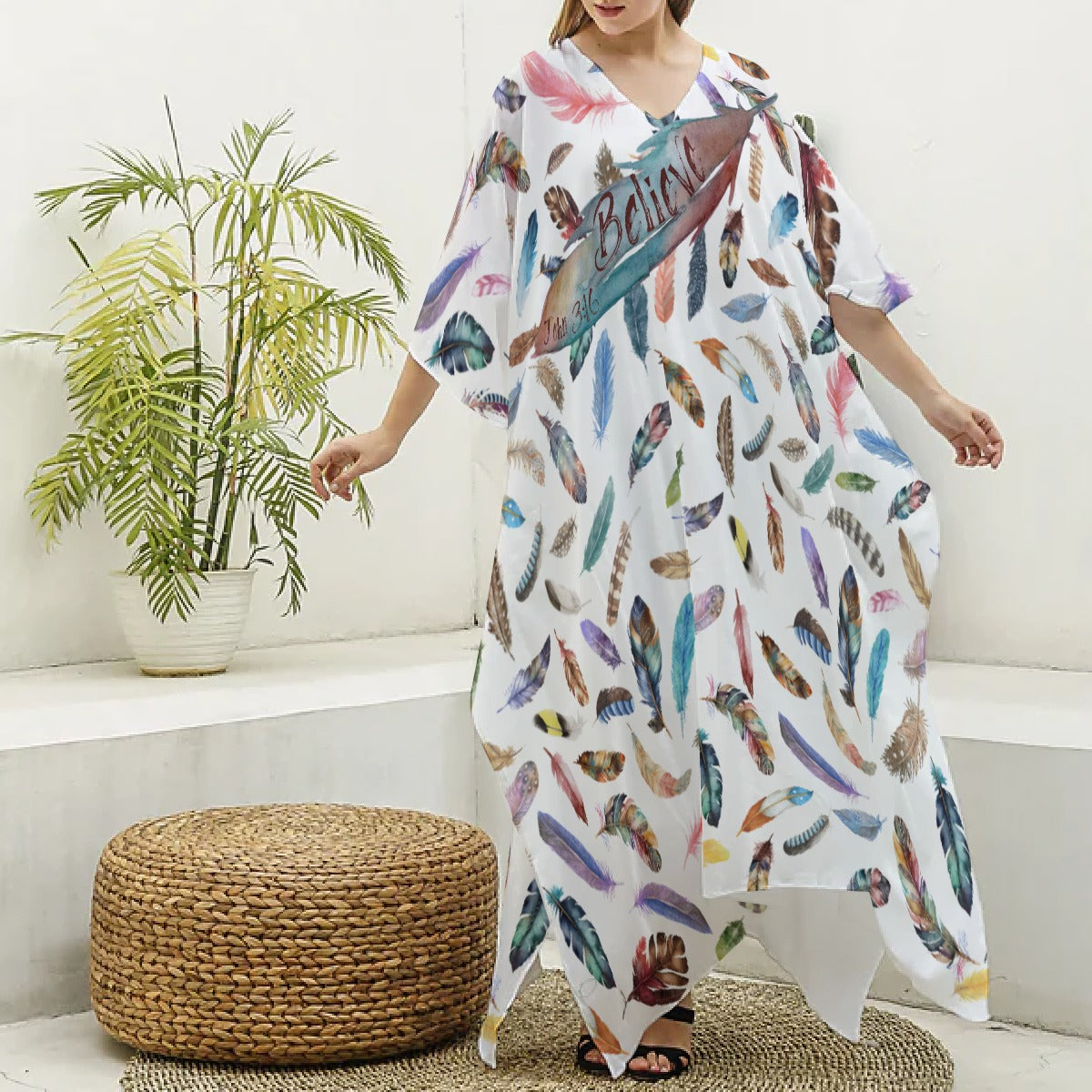 BELIEVE Feather Print Imitation Silk Robe / Long Swimsuit Coverup