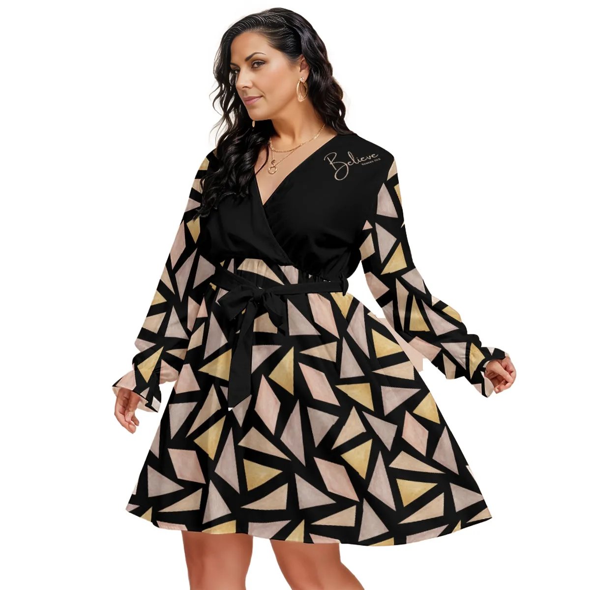 BELIEVE Abstract Pattern Plus Size V Neck Dress