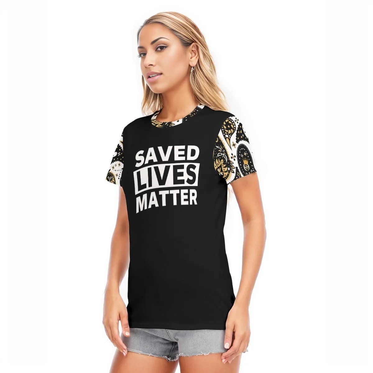 SAVED LIVES MATTER Paisley Sleeve Round Neck Cotton T Shirt