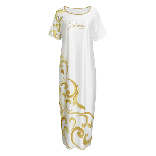 BELIEVER Romans 10:9 Gold / White Baroque Pattern Dress