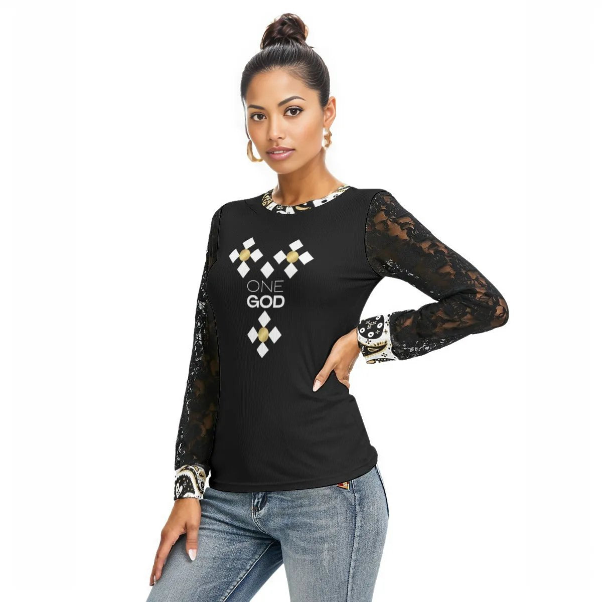 ONE GOD Praise Him Black Lace Sleeve Paisley Collar Shirt