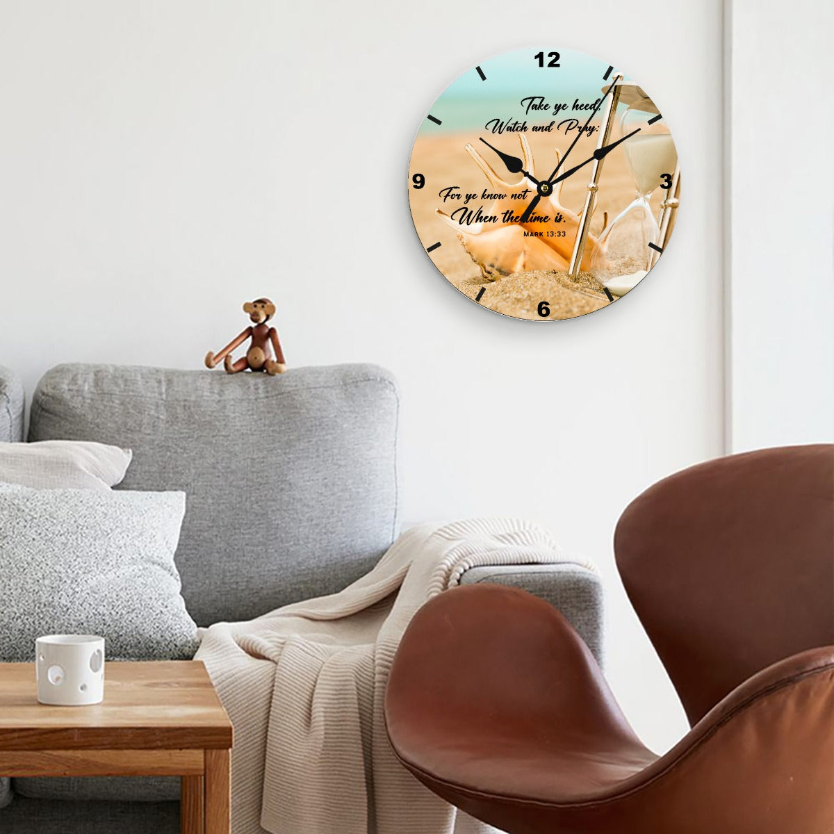 FOR YE KNOW NOT WHEN THE TIME IS Mark 13.33Sea Shell Sand Beach Print Wood Clock