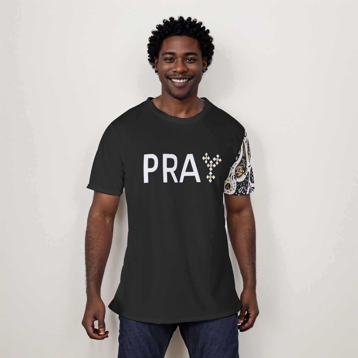 PRAY Matthew 21:22 Scripture Paisley Sleeve Black T Shirt