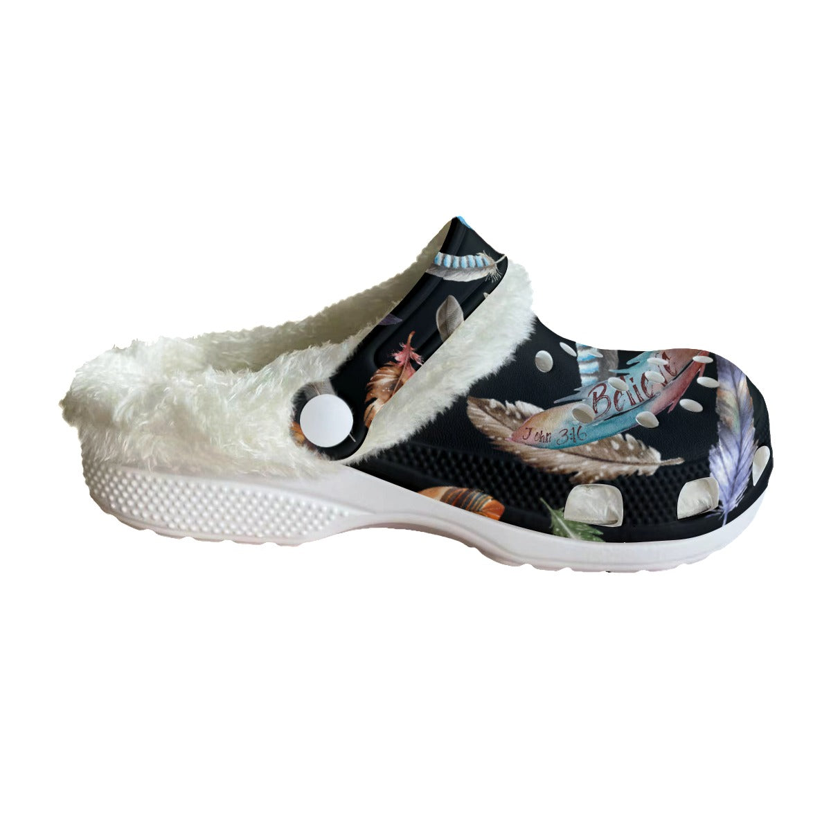 Women's BELIEVE Black Feather Fleece Clogs