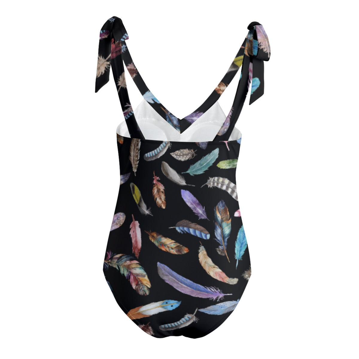 BELIEVE John 3:16 Black Feather Print Tie Shoulder One-Piece Padded Swimsuit