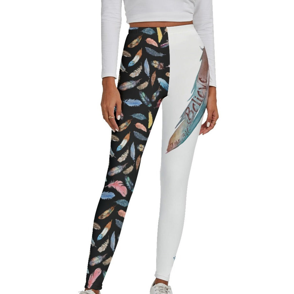 BELIEVE John 3:16 Feather Print Skinny Fleece Leggings