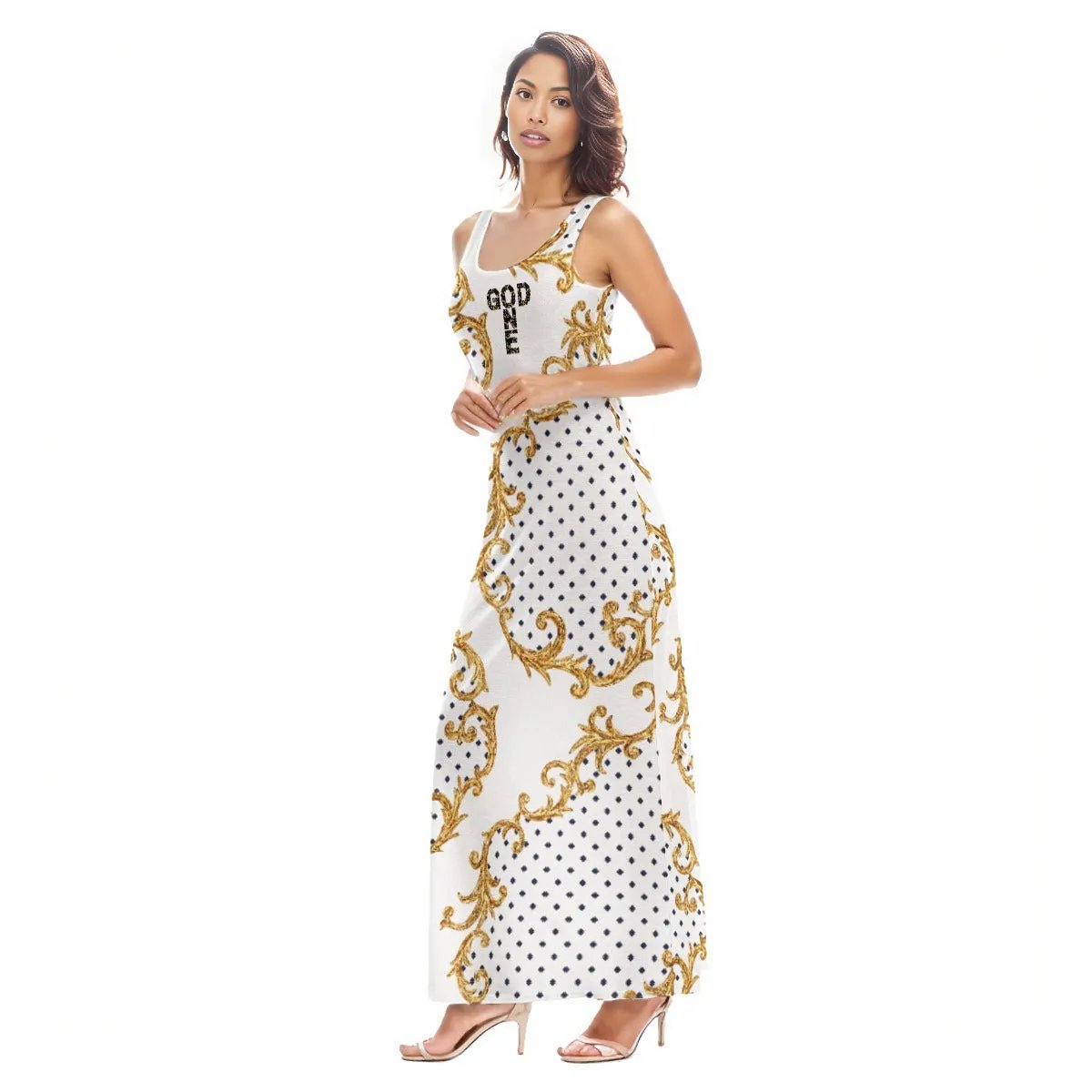 ONE GOD White Gold Polka Dot Baroque Pattern Dress | Length To Ankle