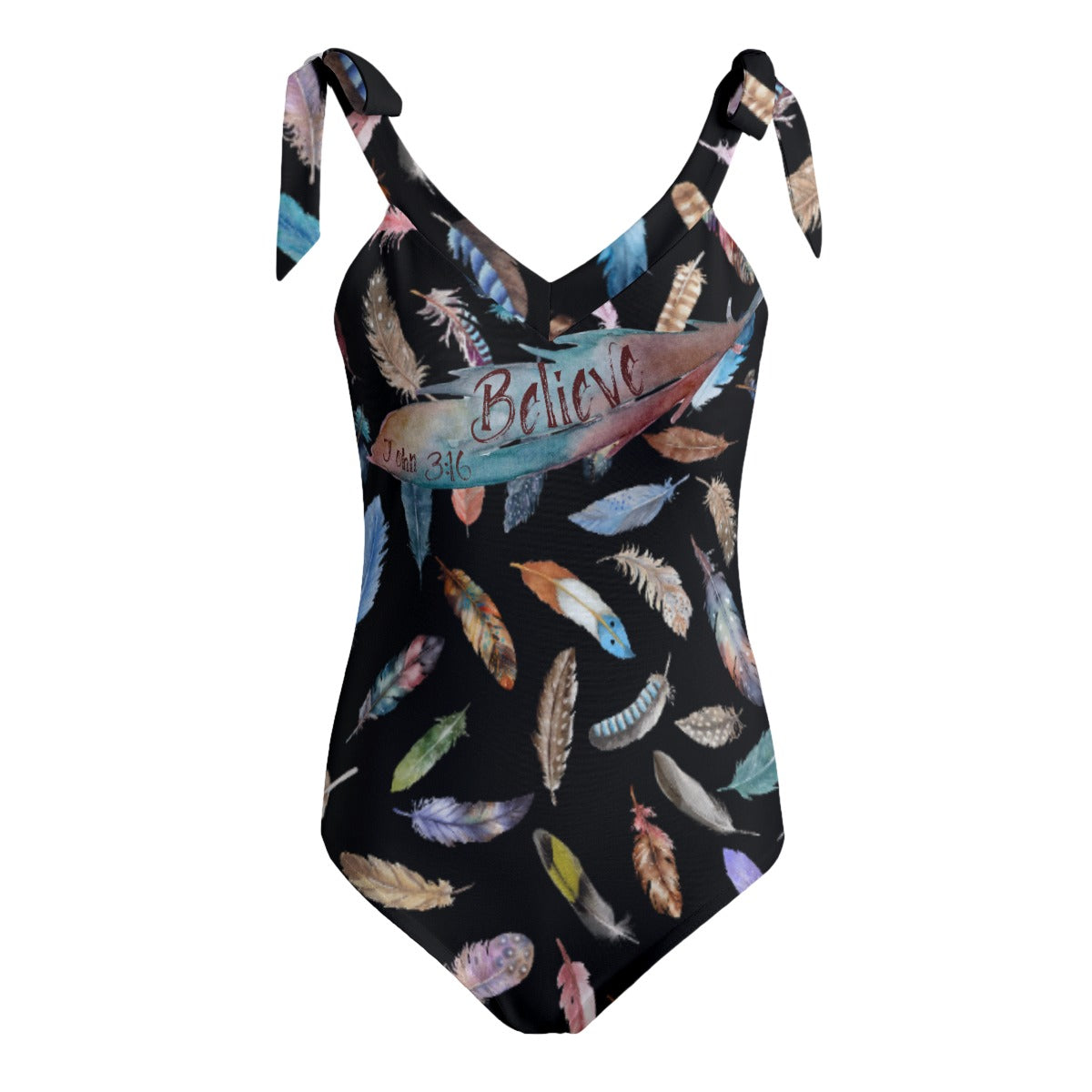 BELIEVE John 3:16 Black Feather Print Tie Shoulder One-Piece Padded Swimsuit