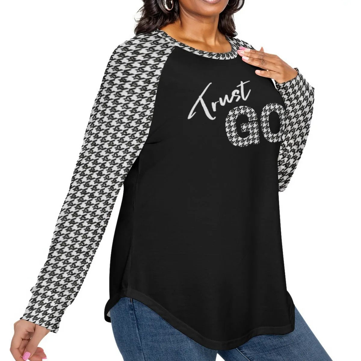 TRUST GOD Houndstooth Print Long Sleeve Plus Size Shirt