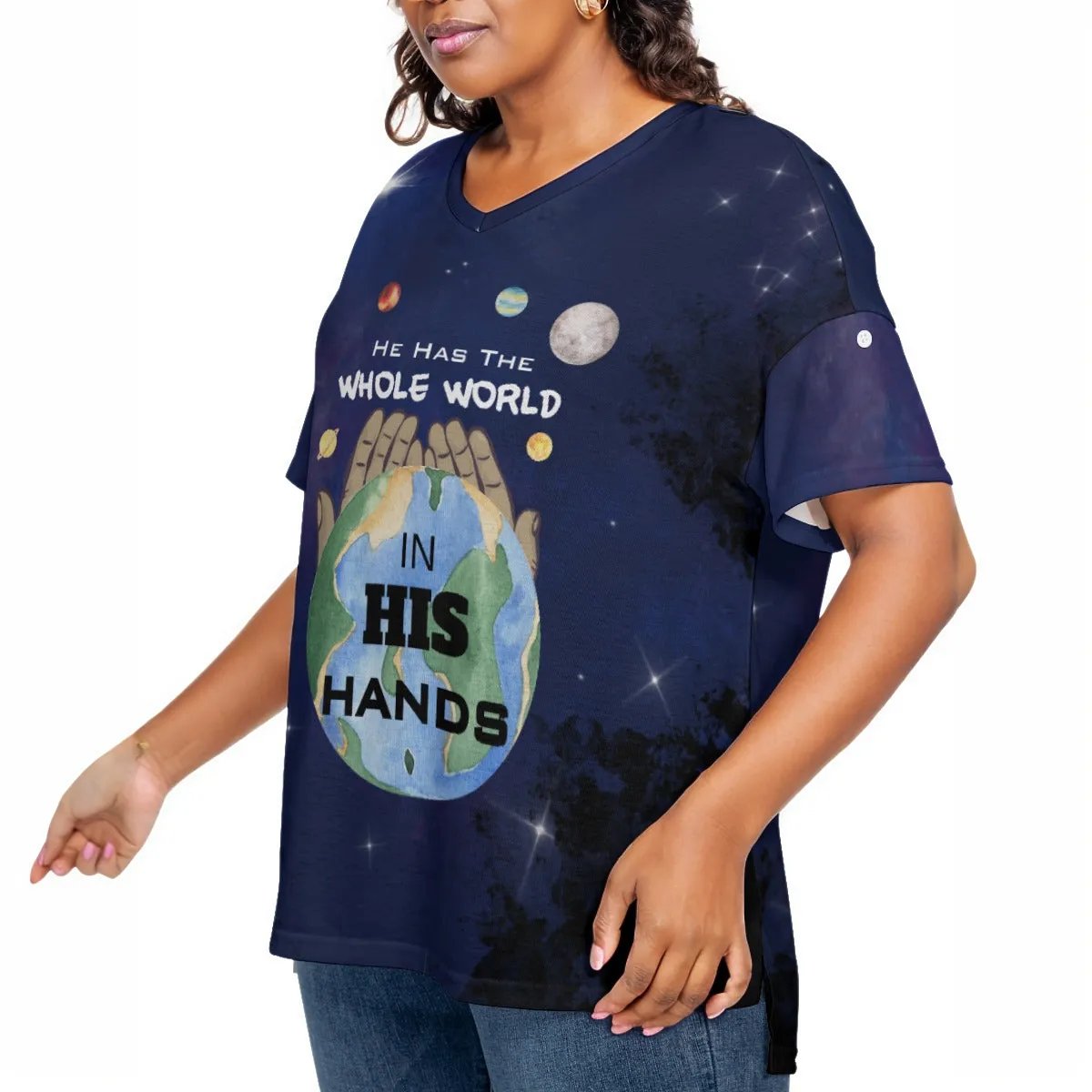 HE HAS THE WHOLE WORLD IN HIS HANDS Drop Should Short Sleeve Plus Size Shirt