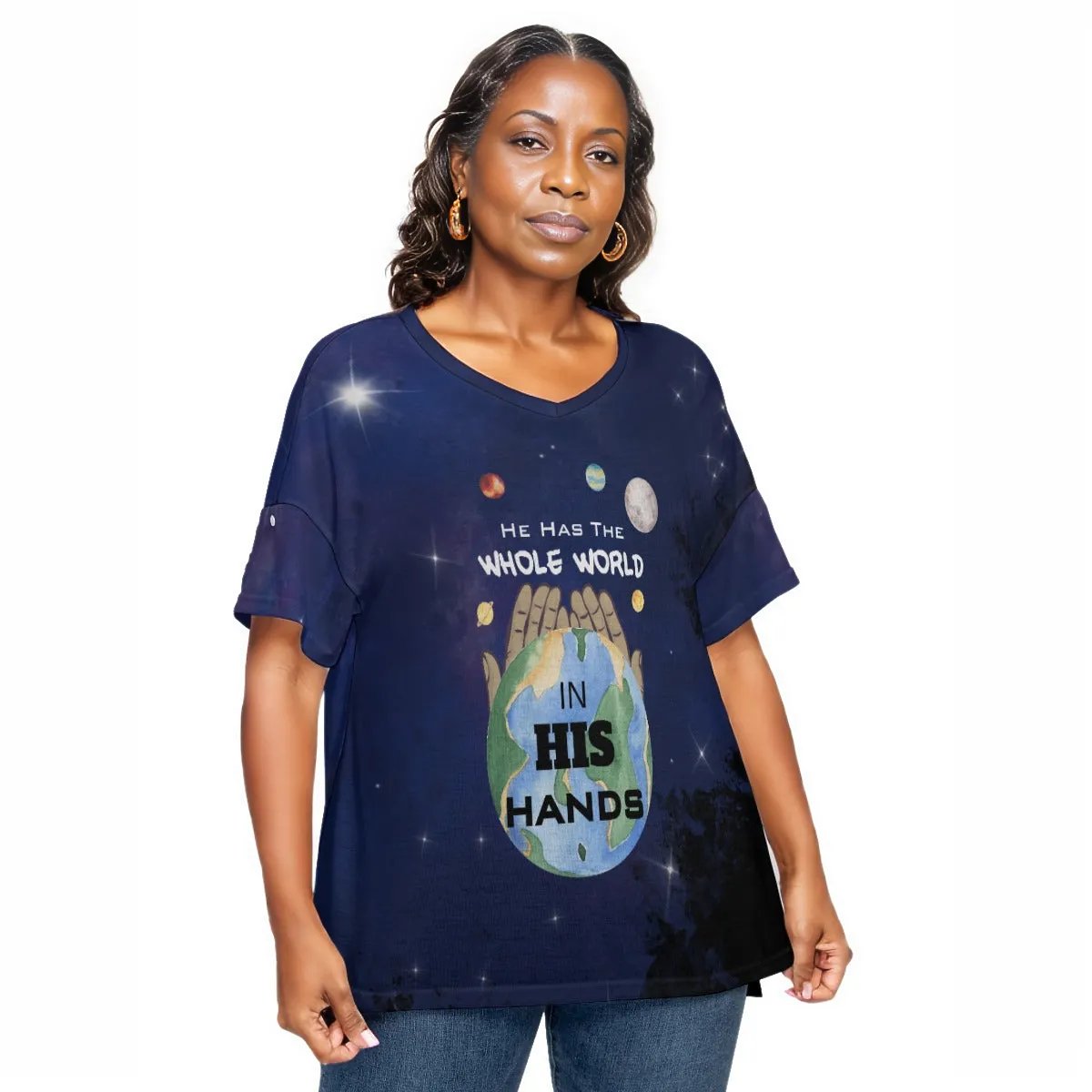 HE HAS THE WHOLE WORLD IN HIS HANDS Drop Should Short Sleeve Plus Size Shirt