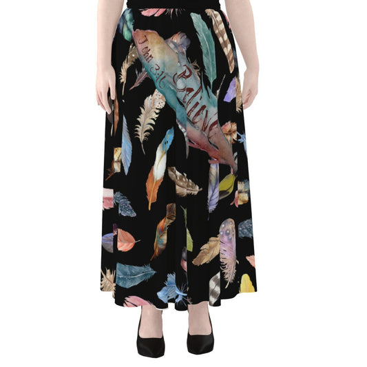 BELIEVE Feather Print Maxi Chiffon Skirt With Lining