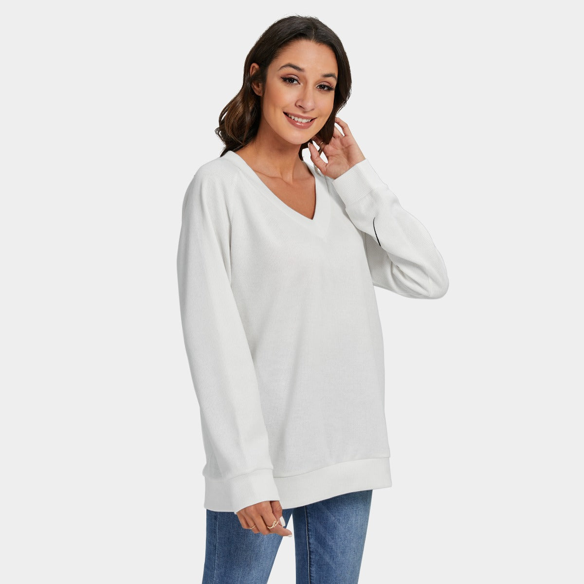 YESHUA White Long Sleeve V Neck Knitted Sweater