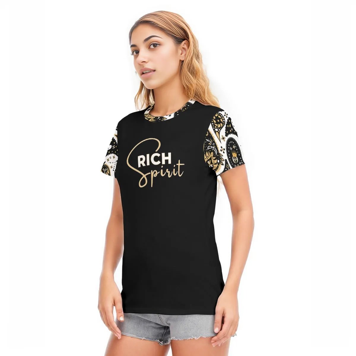 RICH SPIRIT Paisley Sleeve Round Neck Cotton T Shirt