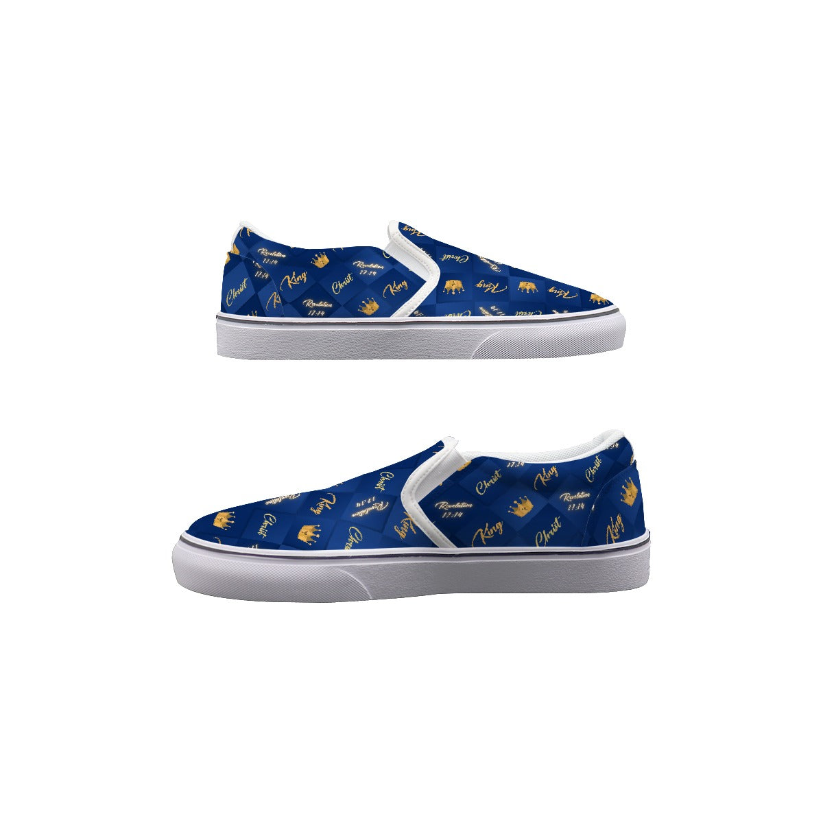 Kid's KING CHRIST Revelation 17:14 Crown Pattern Blue / Gold Slip On Sneakers