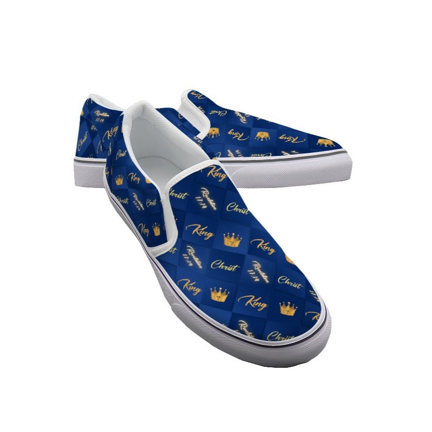 Kid's KING CHRIST Revelation 17:14 Crown Pattern Blue / Gold Slip On Sneakers