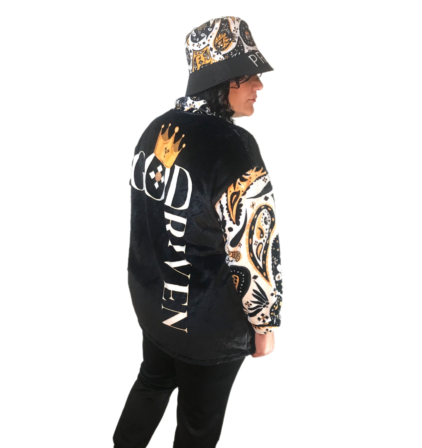 GOD DRIVEN Plus Size Borg Plush Fleece Paisley Sleeve Coat