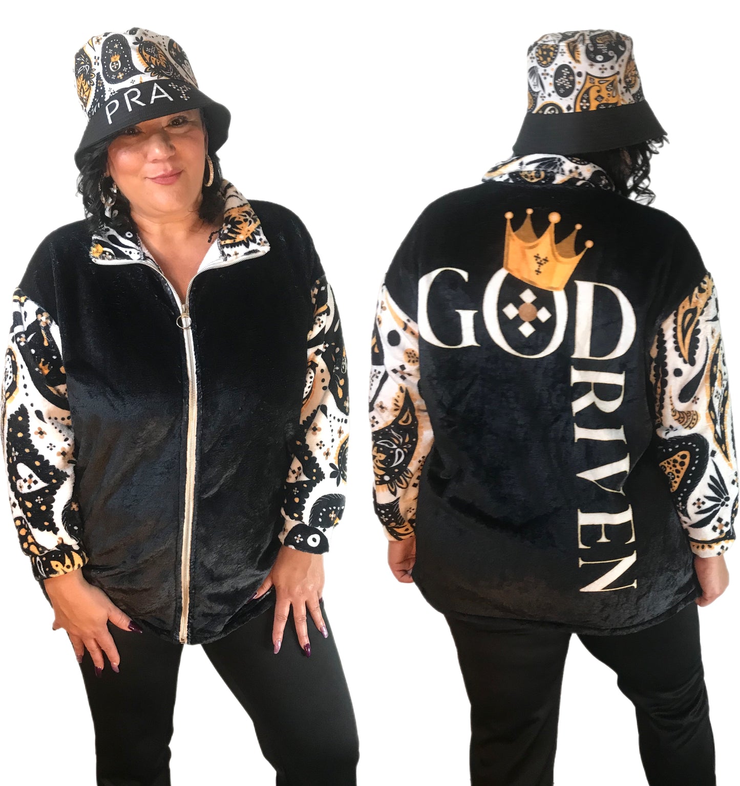 GOD DRIVEN Plus Size Borg Plush Fleece Paisley Sleeve Coat