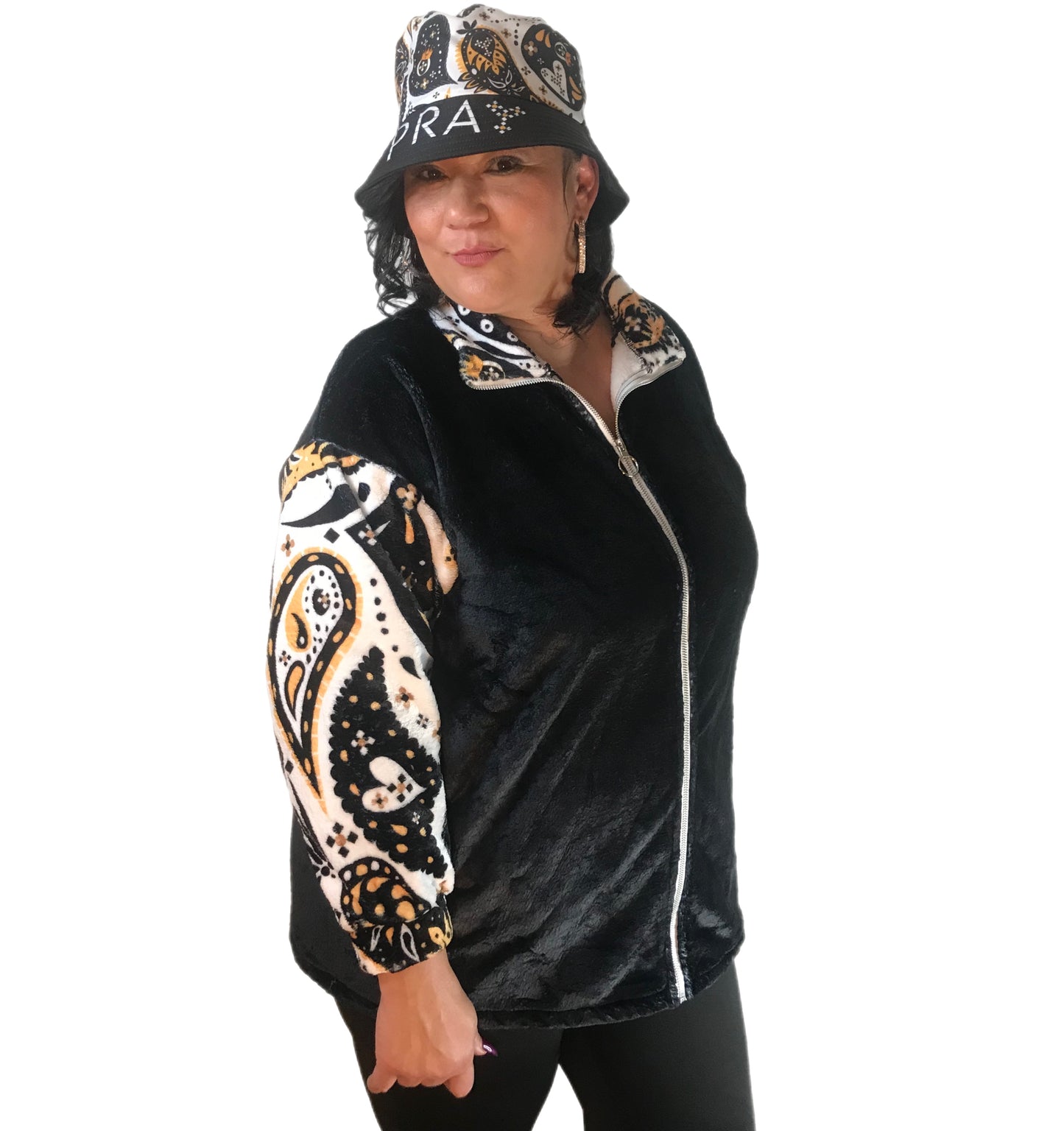 GOD DRIVEN Plus Size Borg Plush Fleece Paisley Sleeve Coat