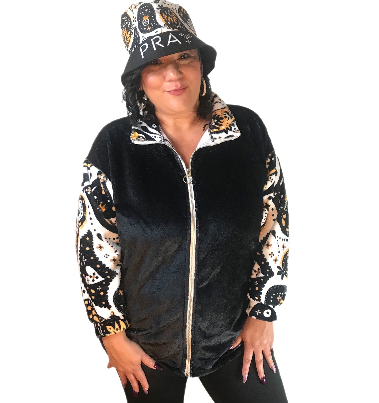 GOD DRIVEN Plus Size Borg Plush Fleece Paisley Sleeve Coat