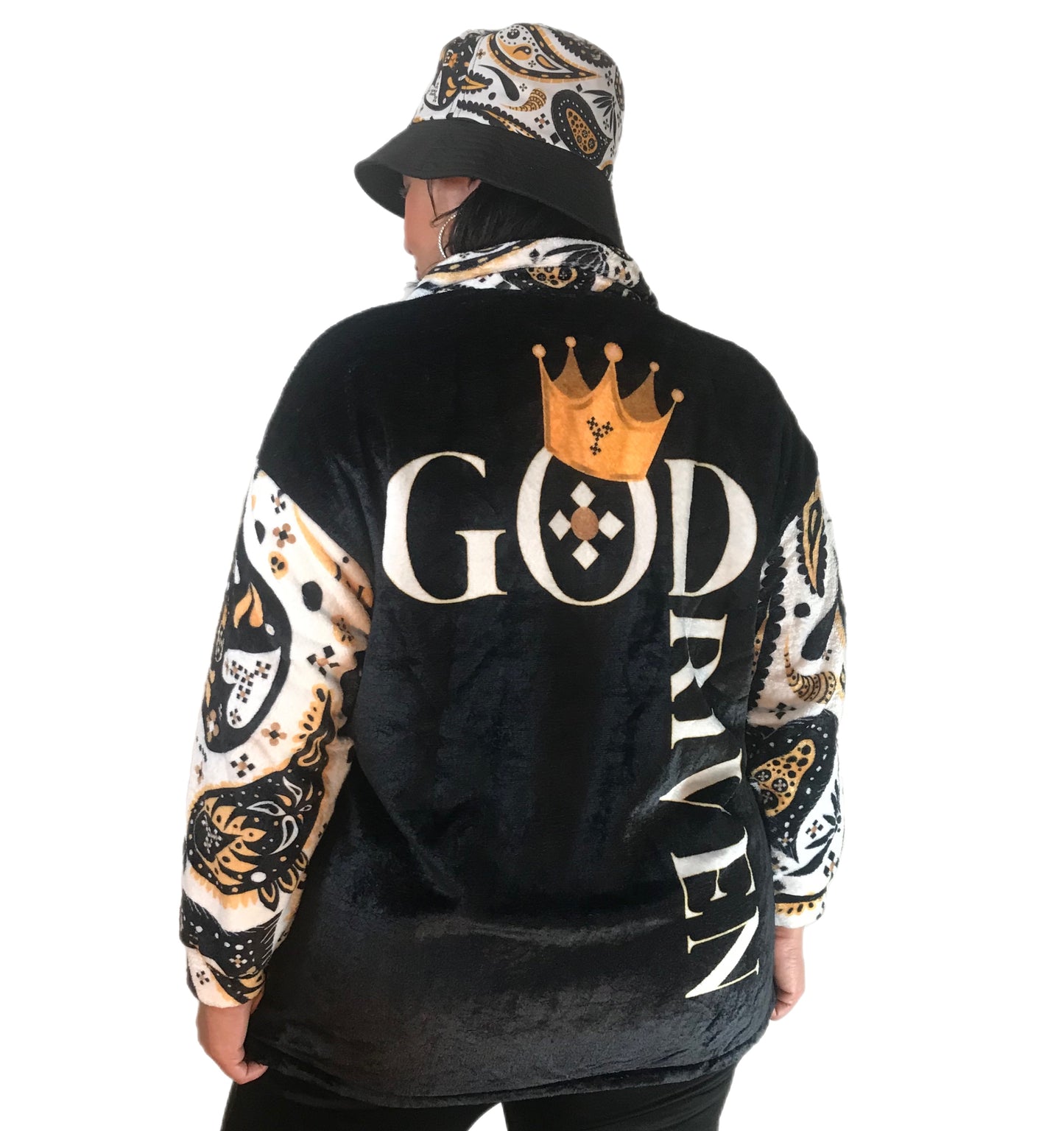 GOD DRIVEN Plus Size Borg Plush Fleece Paisley Sleeve Coat